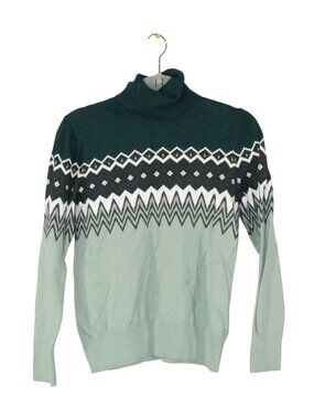 LL Bean Women's Cashmere Fair Isle Turtleneck Sweater Green Winter Knit S Pet